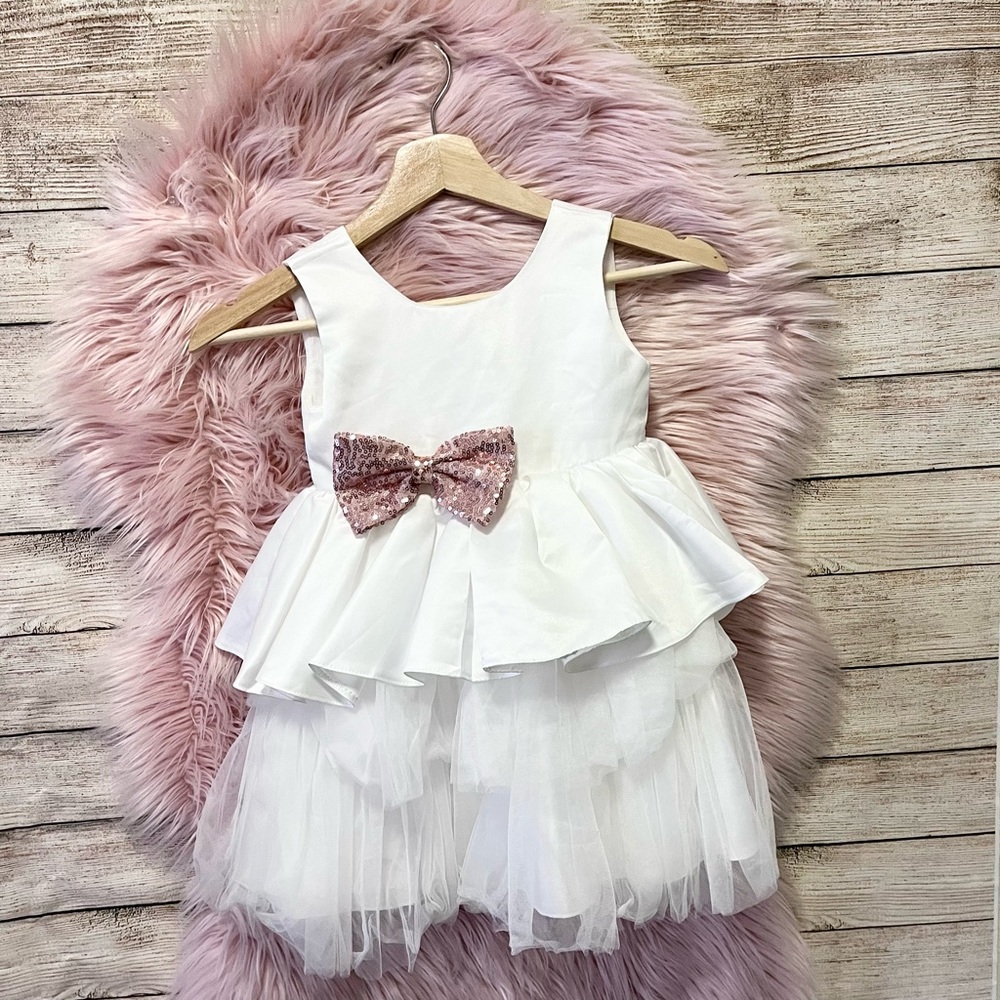 3T White Fluffy Flower Girl Wedding Dress w Bow